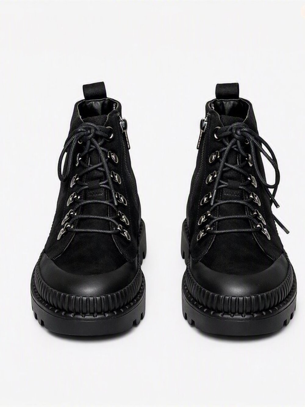 Chase + Chloe Black Suede Lug Sole Boots – Zipper & Tie Closure Bikercore Combat
